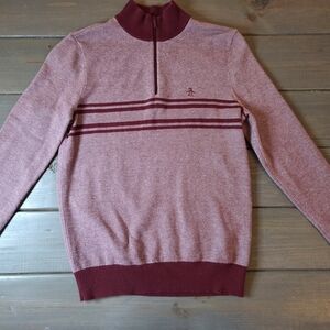 Original Penguin Quarter Zip Sweater Mens Small Burgundy Striped Pullover